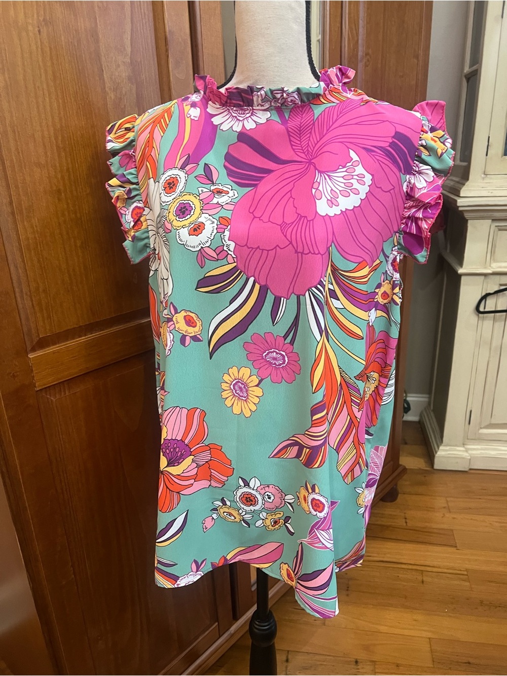 Lovely Melody Teal Floral Ruffle Sleeve Blouse with Pink Accents - Picture 2 of 8